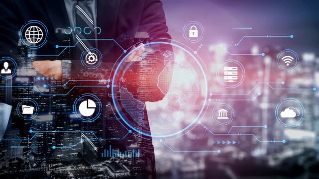 Businessman with digital technology interface, city skyline, global connectivity, data security, business analytics concept. Entropy.