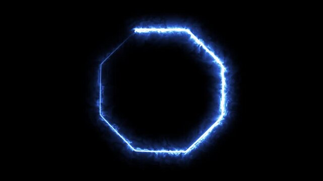 Neon blue octagon frame glowing with electric energy in dark void motion graphic.
