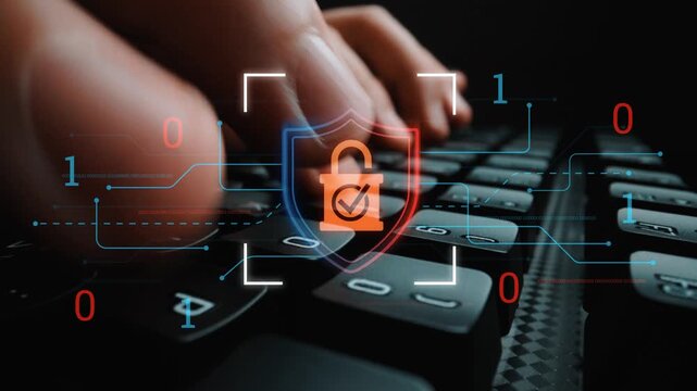 Close-Up Image of Hand Typing on Keyboard with Cybersecurity Graphic, Security Shield, and Digital Elements Representing Data Protection and Online Safety Gluon.