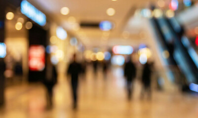 Obraz premium A blurred image of a shopping mall interior with people walking. The soft focus creates a sense of movement and atmosphere in a commercial space.