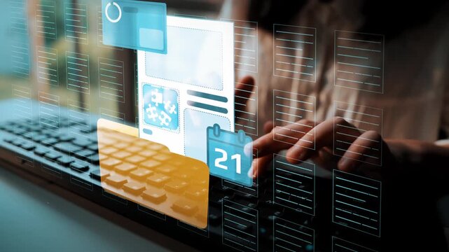 Close-up of Human Hands Typing on a Keyboard with Digital Interface and Graphic Elements Representing Technology and Data Analysis. Entropy.