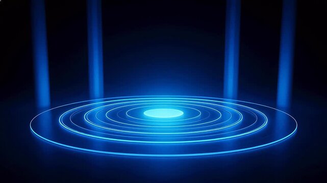 Blue neon light circles on stage