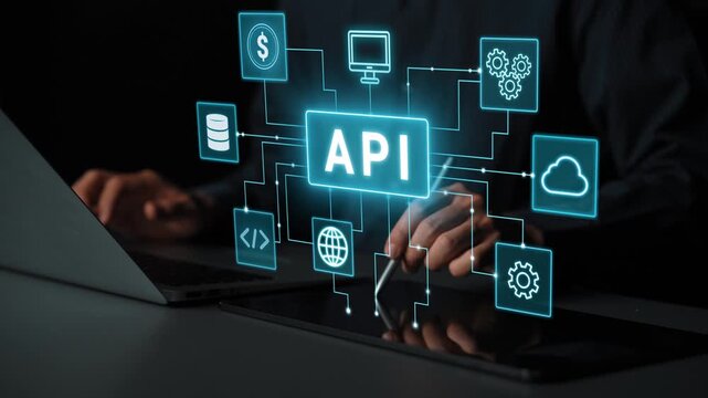 Close-up of hands typing on laptop with API graphics and icons illustrating technology integration and data connectivity in a digital environment. Entropy.