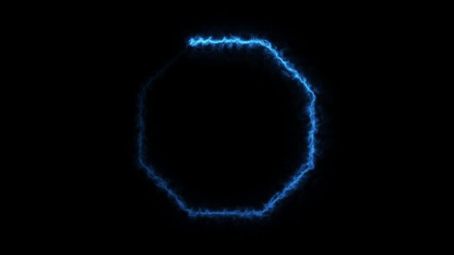 Blue electric heptagon frame flickering with energy motion on black background.