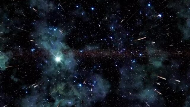 Set against a rich cosmic backdrop, one can see beautiful expanses of blue-green galactic dust (nebulae), glittering star clusters, and a faint spiral galaxy in the distance.
