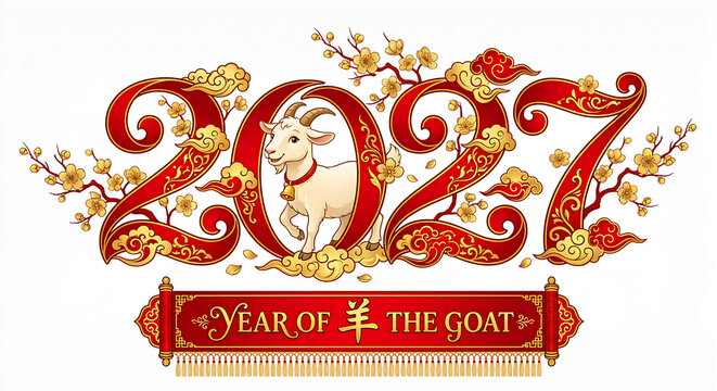 2027 Year of the Goat Chinese Zodiac Calligraphy with Goat Silhouette Transparent PNG