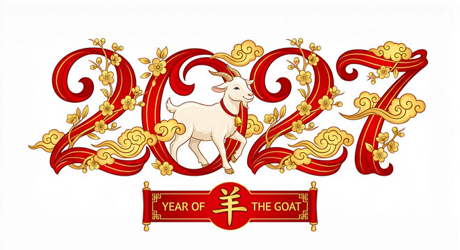 2027 Year of the Goat Chinese Zodiac Calligraphy with Goat Silhouette Transparent PNG