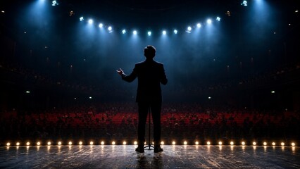 Fototapeta premium Stage Presence: A solitary figure stands silhouetted on a brightly lit stage, facing an unseen audience, embodying the essence of performance and public speaking.