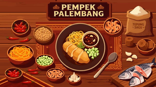 Flat Vector Illustration of Pempek Palembang Ingredients, Culinary Flat Lay Composition with Copy Space, Traditional Indonesian Food Preparation