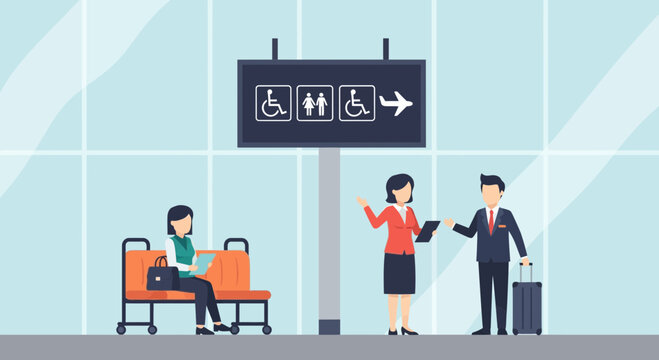 A business professional interacts with a helpful worker inside a busy transport terminal as passengers wait for their upcoming departures near the informative signage displays pointing toward