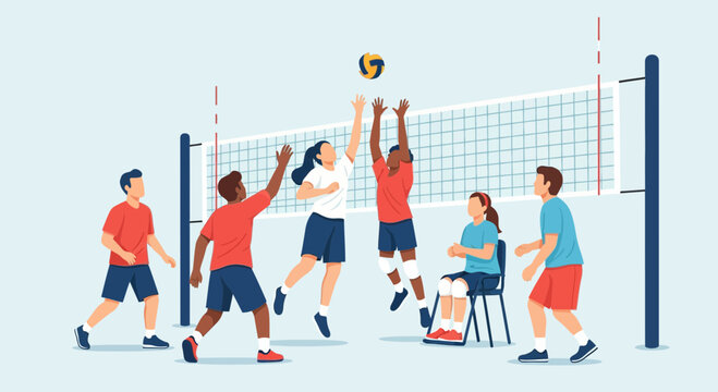 A diverse group of active athletes participates in an exciting volleyball match while a wheelchair user competes alongside them in a dynamic display of inclusive sportsmanship on the sunny court