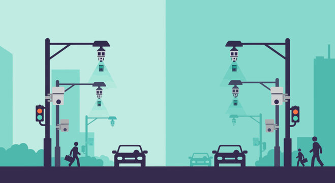 Smart traffic monitoring systems utilize advanced cameras mounted on poles along city streets to oversee vehicle flow while pedestrians safely navigate across the urban transit intersection