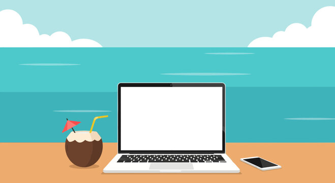 A laptop with an empty screen sits upon sandy ground near the ocean as a refreshing coconut drink and smartphone accompany a professional worker during a relaxing summer holiday trip abroad