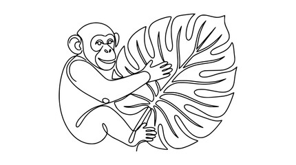 Minimalist single line drawing of a happy monkey holding a large tropical leaf. © Nur