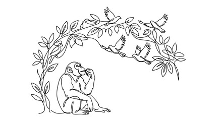 Fototapeta premium Chimpanzee Sitting Under Tree Branch with Flying Birds, Single Line Art