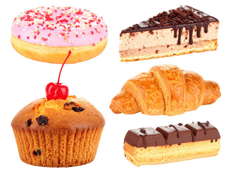 Assortment of Various Baked Pastries including Donut Cake Croissant Muffin and Eclair on Transparent Background