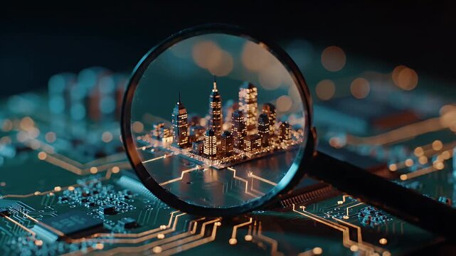 City skyscraper model magnified on a circuit board representing smart urban tech