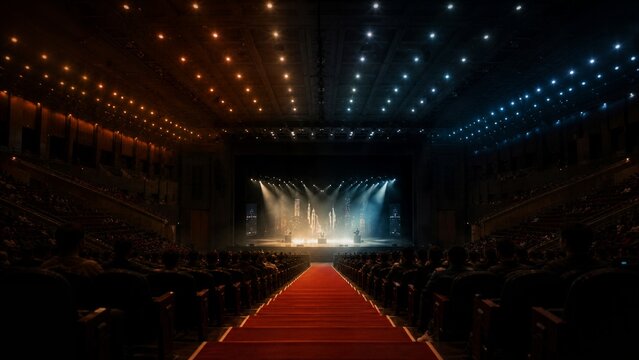 Theater Stage Lights: A dramatic theater stage illuminated by a symphony of colorful spotlights, casting an ethereal glow on the empty stage.