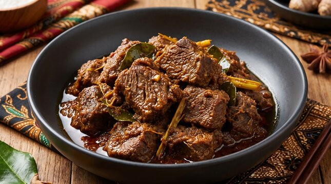 Slow cooked Indonesian beef rendang served in a black ceramic bowl with authentic spices.