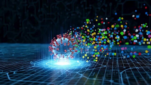 Digital virus cell disintegrating into colorful particles over circuit board