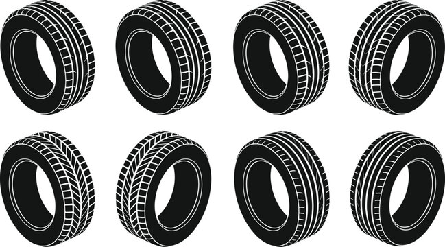 Automotive Tire Tread Collection Vector Set Featuring Car Tires, Performance Wheels, Radial Rubber Tires and Vehicle Transport Equipment Illustrations