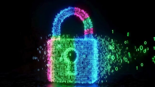 Abstract digital padlock dissolving into binary code particles security data encryption