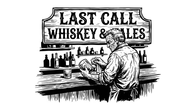 Vintage bartender cleaning glass in a rustic saloon whiskey bar with Last Call typography illustration for t-shirt design print and apparel