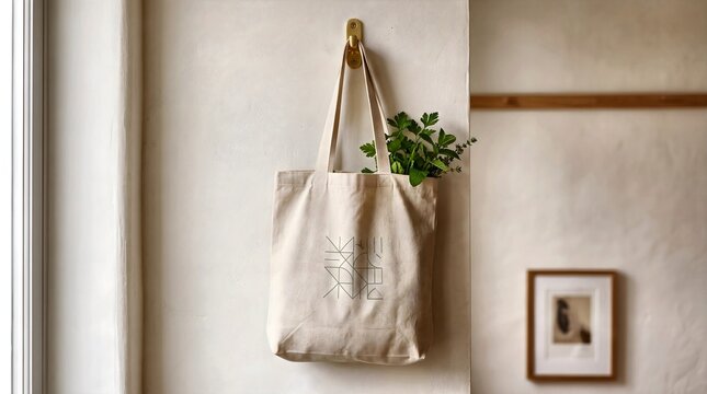 Eco-friendly beige canvas tote bag filled with fresh green herbs hanging on a brass hook against a textured white wall in a bright minimalist interior