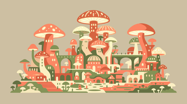 Fantasy village with houses built inside giant red mushrooms.