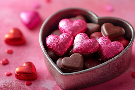 Heart-shaped chocolates in a metal heart box with scattered small candy hearts, romantic Valentine's Day sweet treat, love, affection concept