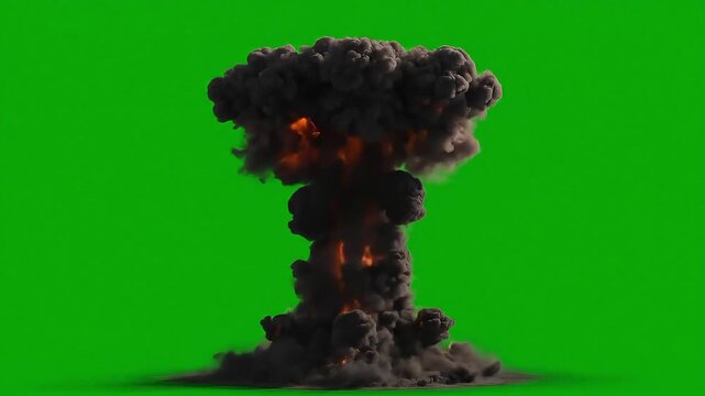 Massive explosive fireball explosion cloud isolated on green screen background chroma key