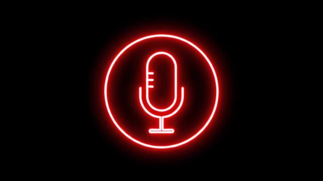 Microphone neon sign glowing in a circular frame for podcast and audio recording