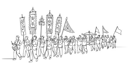 Naklejka premium Traditional Chinese Procession Drawing: Drums, Banners, and Sedan Chair