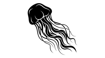 Black silhouette of a jellyfish with flowing tentacles on a white background. © nadiyamilana