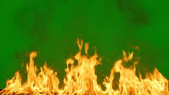 Intense real fire flames burning on ground isolated on green screen background chroma key