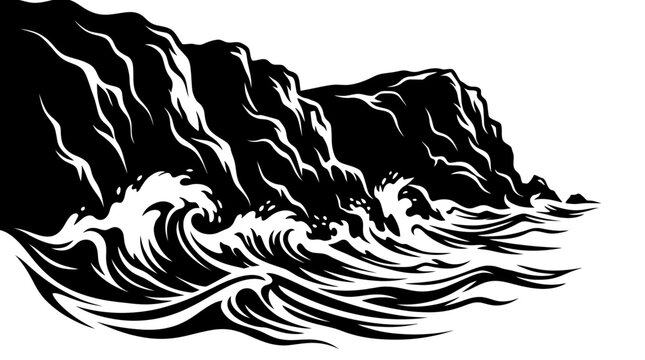 Dramatic Black and White Waves Crashing Against Rocky Cliffs