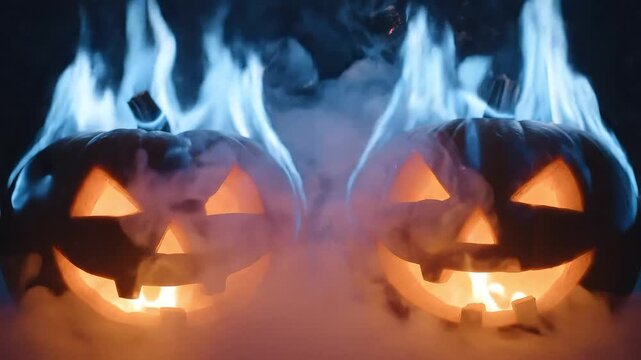 Spooky glowing jack o lantern pumpkins with blue flames and smoke for halloween