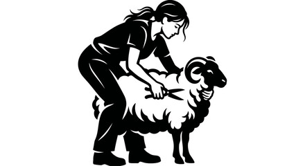 Shepherdess shearing a sheep with scissors, agricultural work, farming illustration © Maxim
