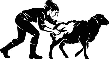 Woman shearing sheep with scissors, farm work, rural lifestyle, black and white silhouette © Maxim