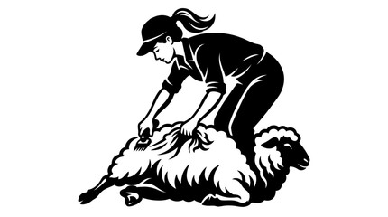 Shepherdess shearing sheep, agricultural work, livestock farming, rural life, black and white vector © Maxim
