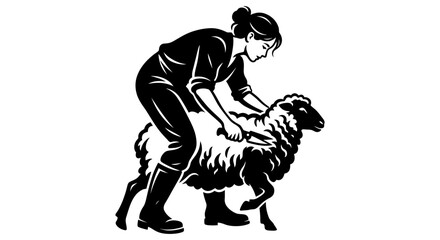 Farmer Shearing Sheep Livestock Agricultural Work Black and White Illustration © Maxim