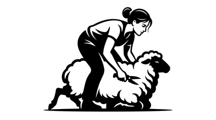Woman Shearing Sheep with Scissors, Agricultural Work, Livestock Farming © Maxim