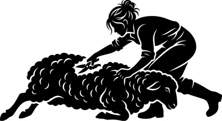 Shepherd Shearing Sheep with Scissors Silhouette Vector © Maxim