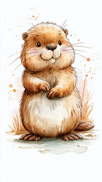 A cute, smiling cartoon beaver stands on its hind legs with a fluffy tail, surrounded by light splashes and reeds.