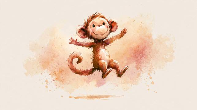 A joyful, watercolor-style illustration of a smiling monkey with outstretched arms and a curled tail on a light, textured background.