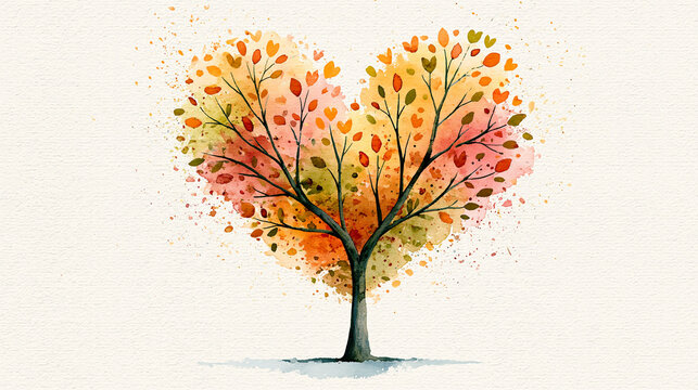 A watercolor painting of a tree with heart-shaped foliage in warm autumn hues of orange, yellow, and red on a textured background.