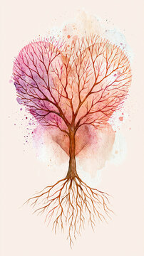 A watercolor illustration of a tree with bare branches forming a heart shape, blending shades of pink and orange, with visible roots extending below.