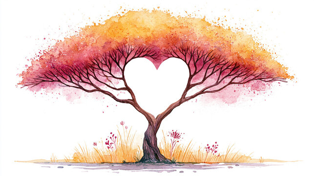 A watercolor tree with vibrant red and orange leaves forms a heart shape at its center with intertwined branches and a twisted trunk.