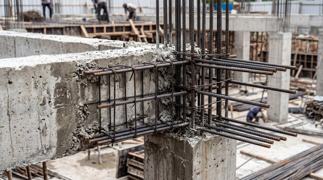 Reinforced concrete construction site with steel rebar