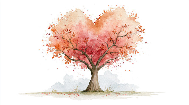 A watercolor painting of a tree with leaves shaped like a heart in warm autumn colors, blending natural beauty with a symbol of love.